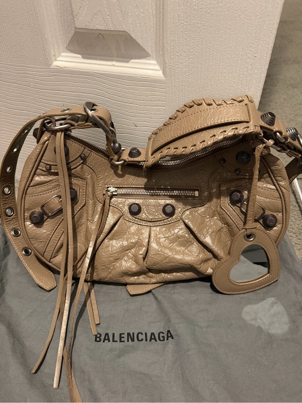 Balenciaga Beige Leather Shoulder Bag with Heart Mirror Charm